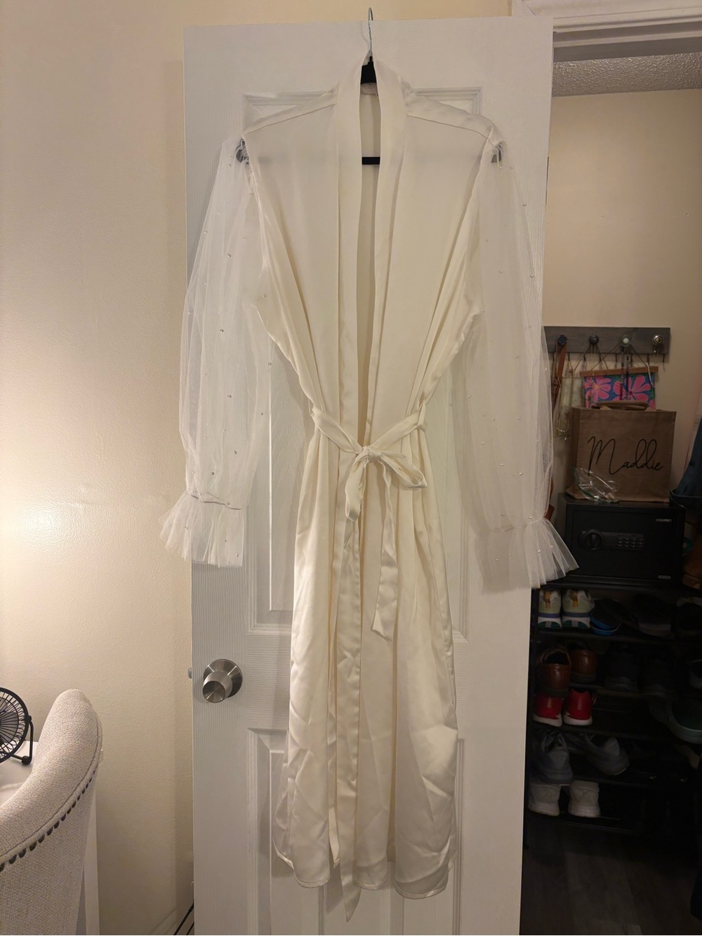Revelry Ivory Satin Robe with Pearl-Dotted Tulle Sleeves